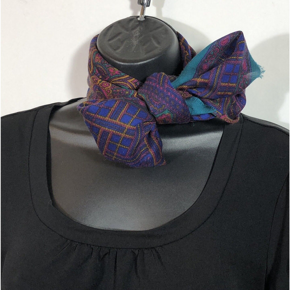 Vintage 30" Square Scarf Purple Plaid Green Paisley, Challis By Berkshire Japan - Picture 3 of 8